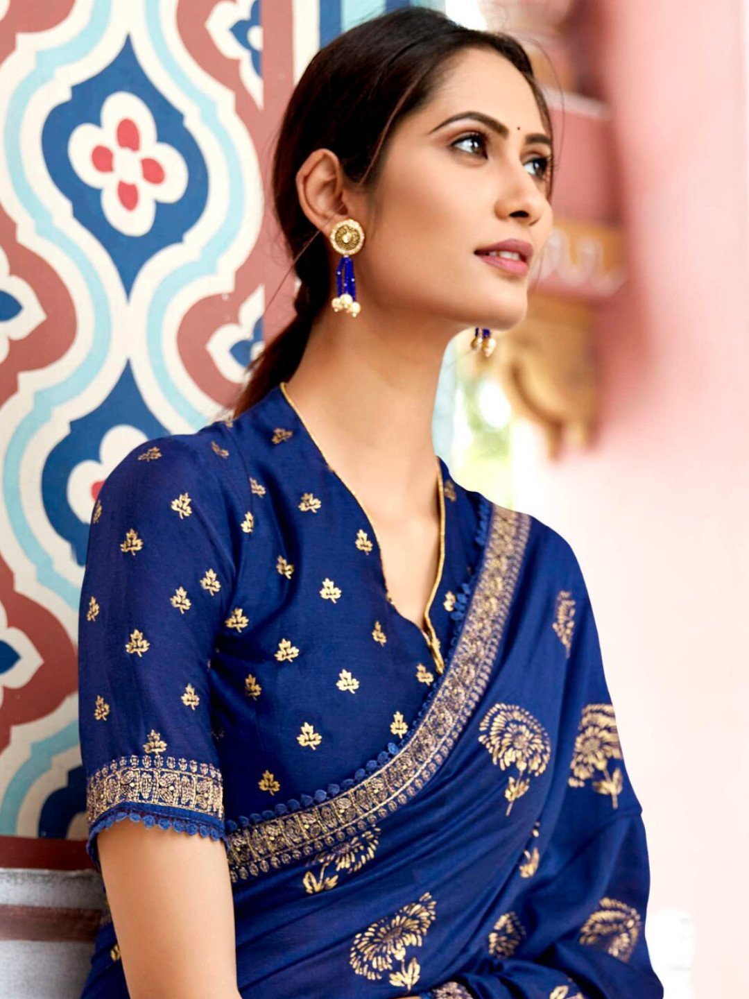 Zari Work With Embroidery Lace Dark Blue Cotton Silk Saree