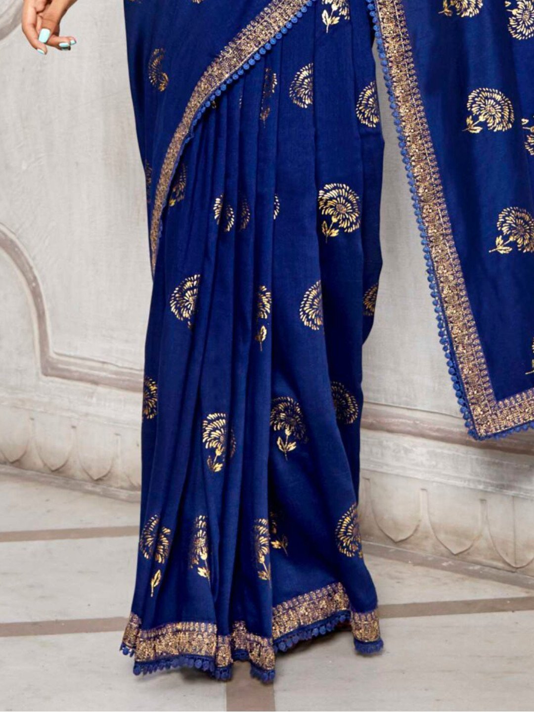 Zari Work With Embroidery Lace Dark Blue Cotton Silk Saree - Stilento