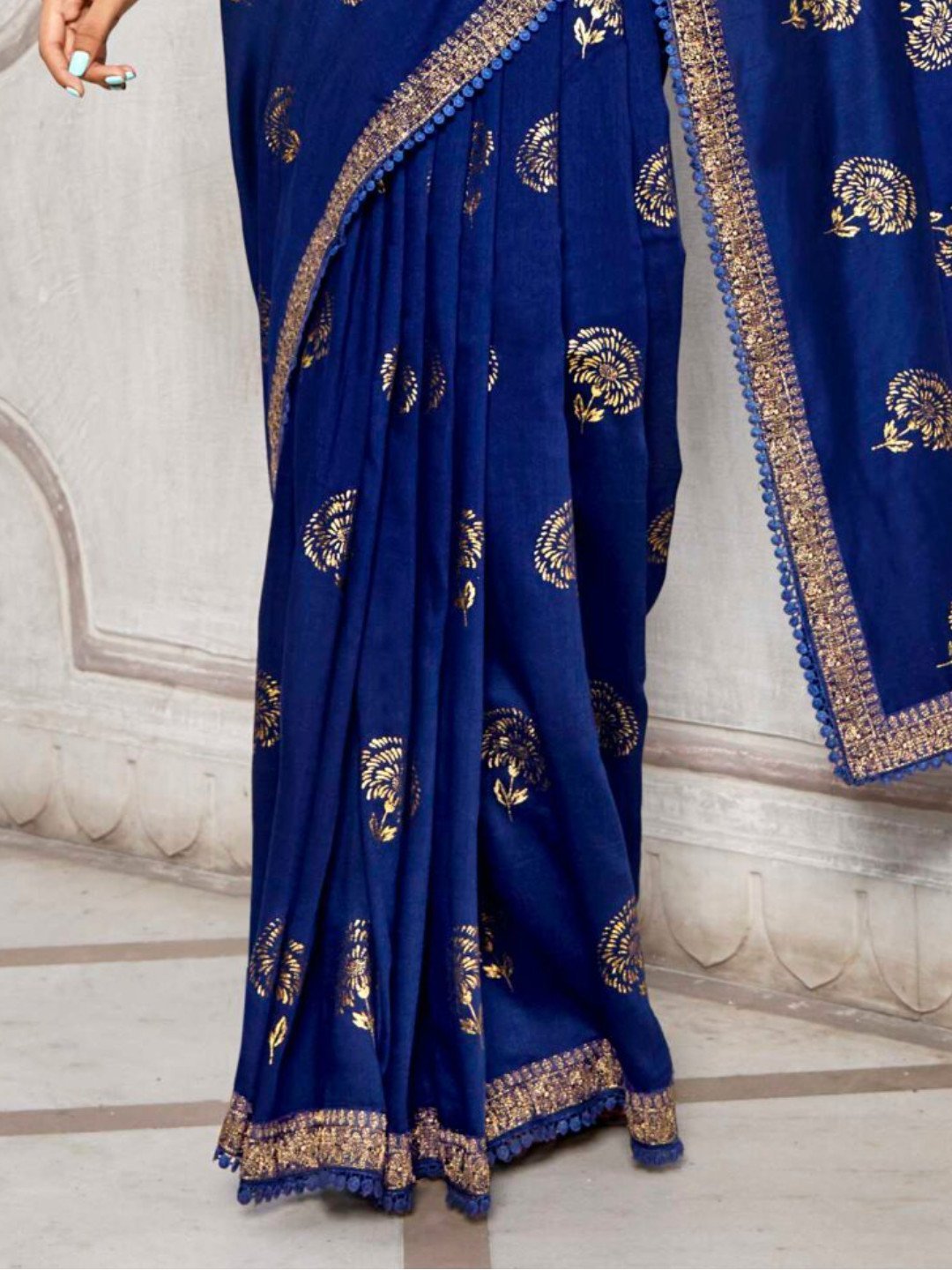 Zari Work With Embroidery Lace Dark Blue Cotton Silk Saree