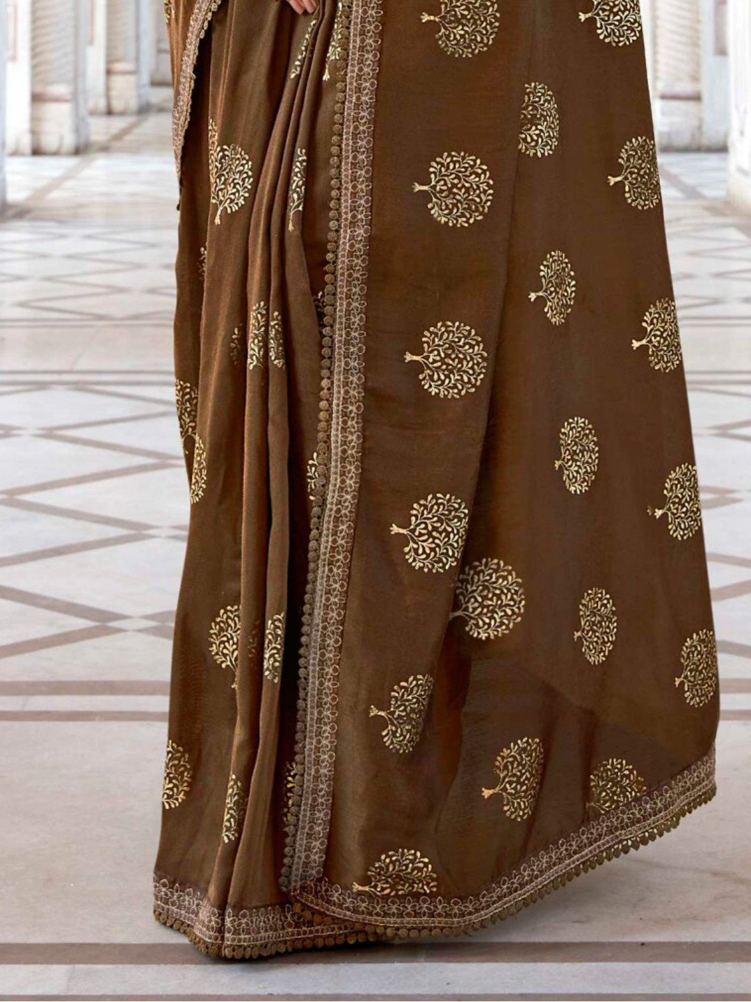 Zari Work With Embroidery Lace Dark Brown Cotton Silk Saree