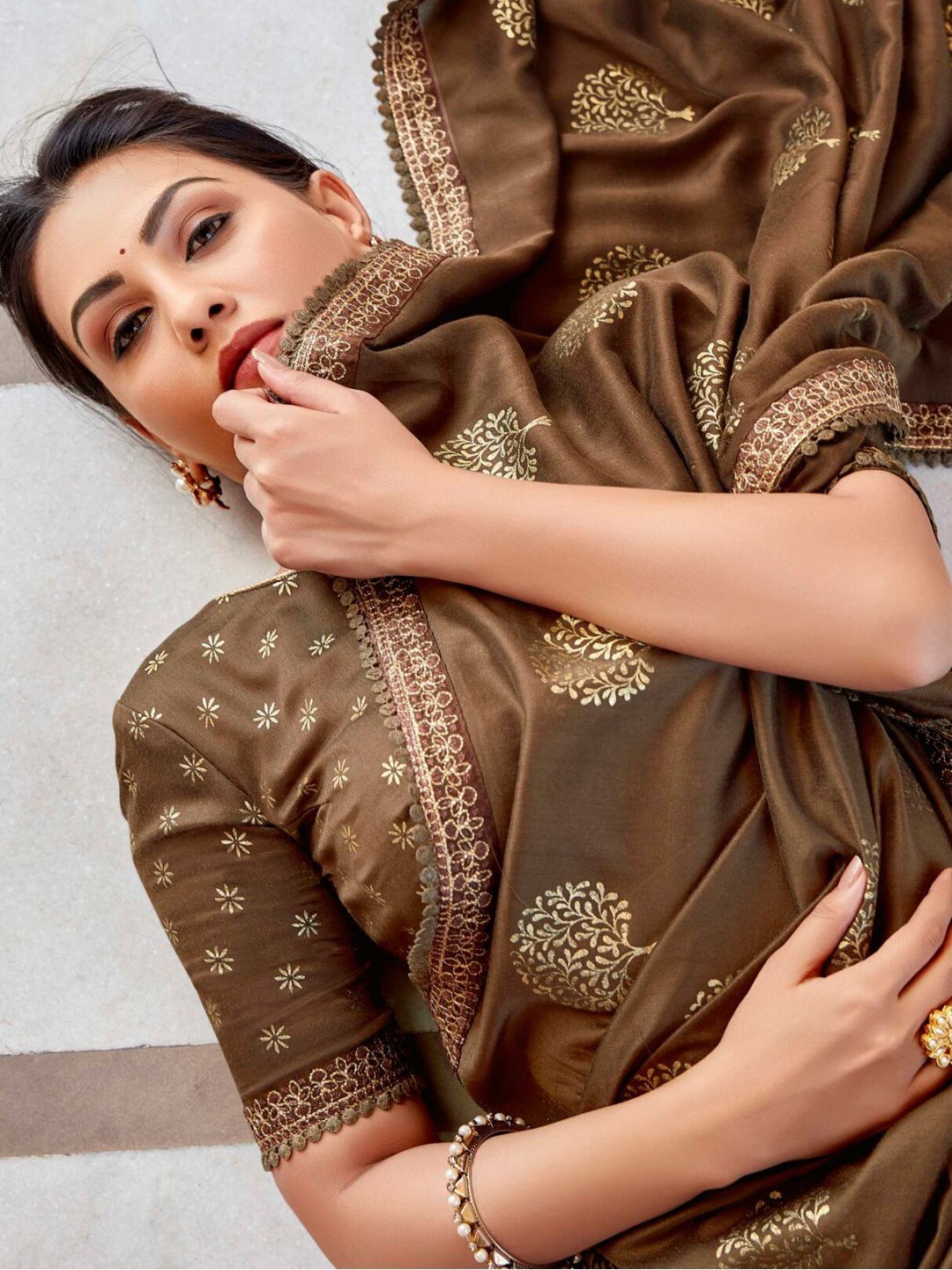 Zari Work With Embroidery Lace Dark Brown Cotton Silk Saree
