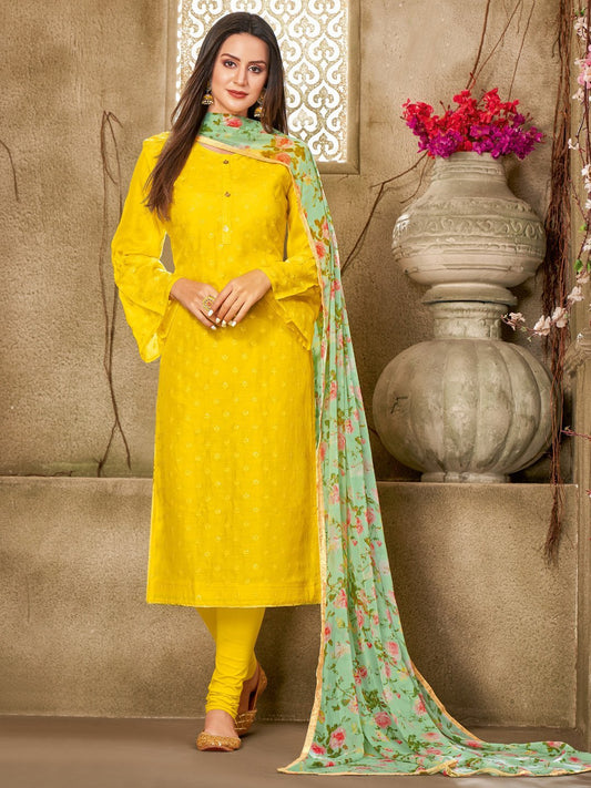 Zari Work Yellow Cotton Un-Stitched Suit with Printed Dupatta - Stilento