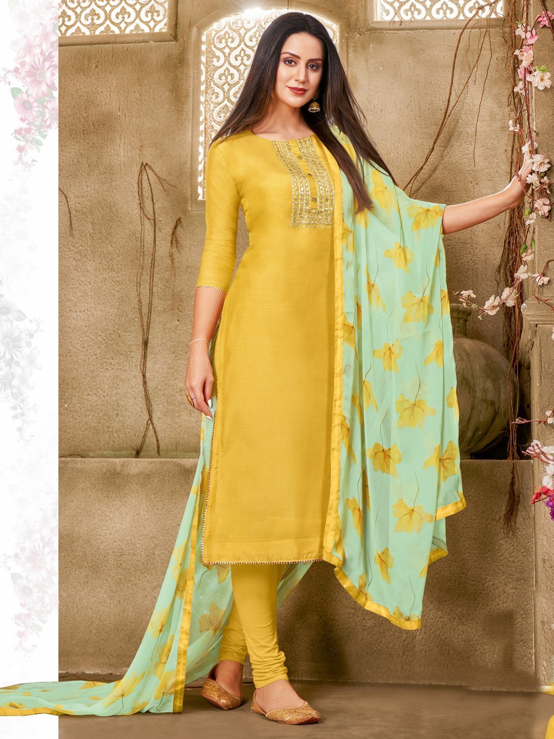 Zari Work Yellow Cotton Un-Stitched Suit with Printed Dupatta - Stilento