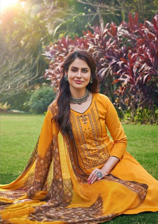 Zulfat Designer Unstitched Yellow cotton salwar Kameez suits - Stilento