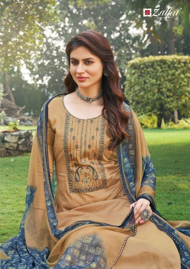 Zulfat Designer Women Unstitched cotton salwar Kameez suits Beige - Stilento