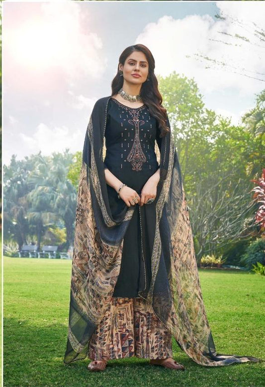 Zulfat Designer Women Unstitched cotton salwar suits Black - Stilento
