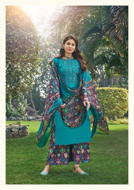 Zulfat Designer Women Unstitched cotton salwar suits Blue - Stilento